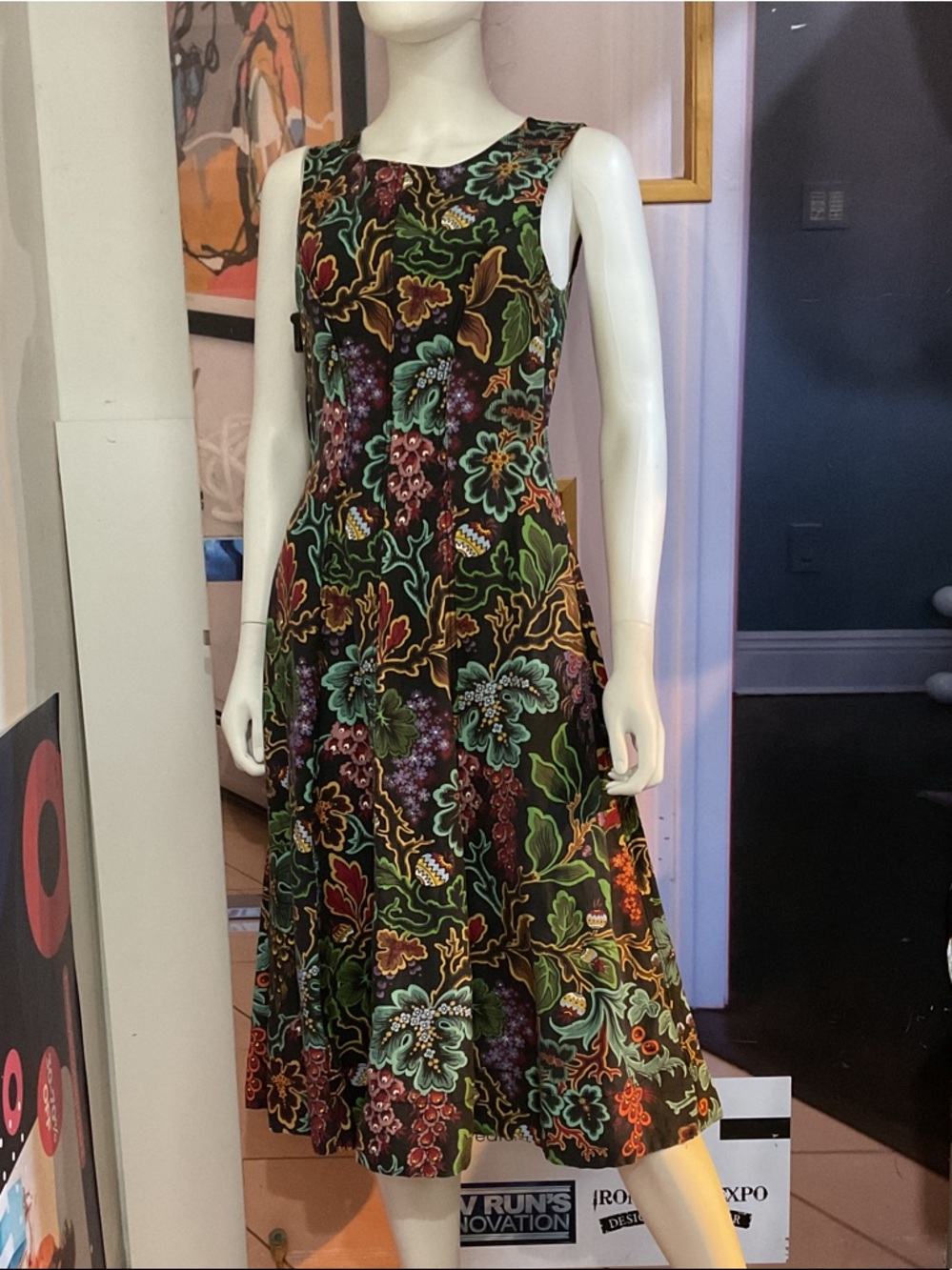 Philosophy Floral Midi Dress in Black with Green and Purple Accents